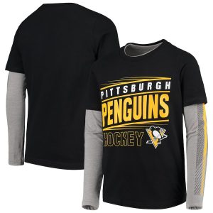 Youth Pittsburgh Penguins Black/Gray Binary 2-In-1 Long Sleeve/Short Sleeve T-Shirt Set